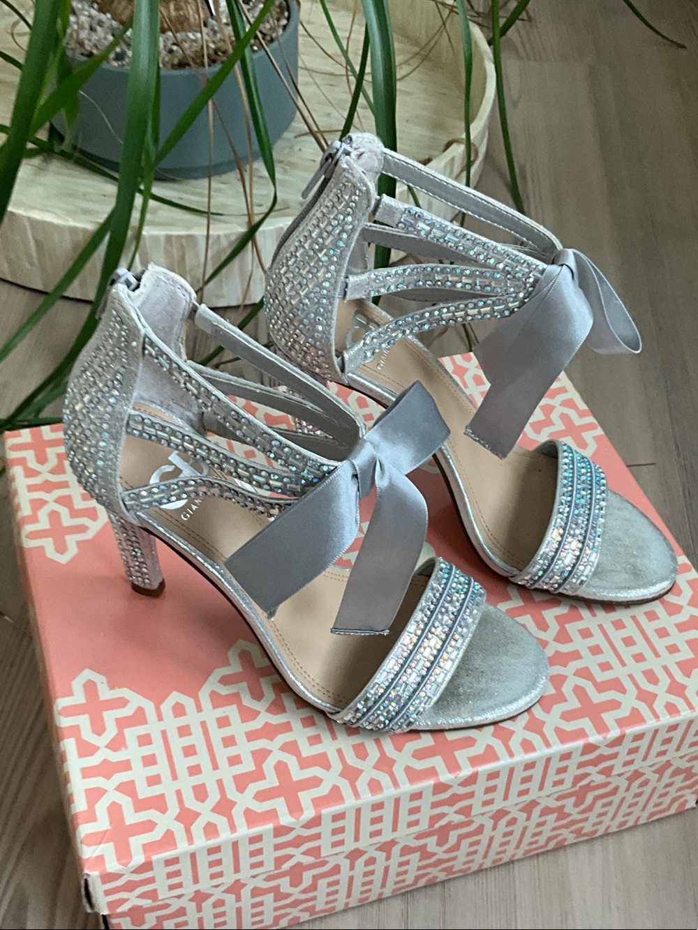 Gianni Bini Silver Crystal Strappy Satin Bow Heels